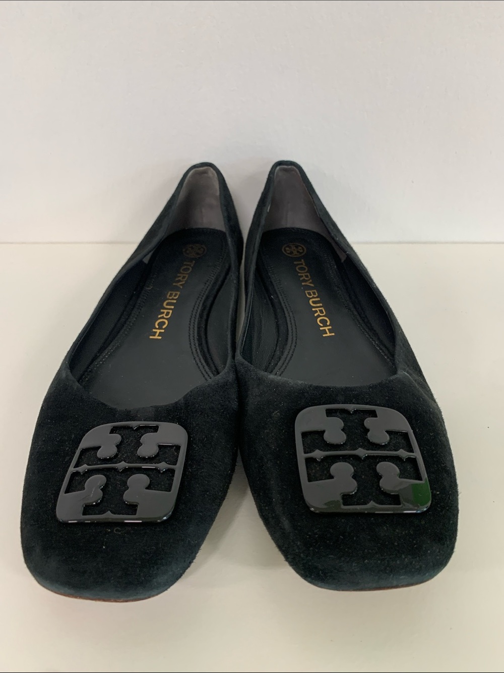 Tory Burch Black Suede Logo Square-Toe Flats - Picture 2 of 8
